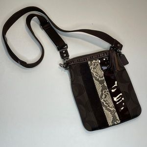 Coach Brown Crossbody Bag with Snake Print and Patent Accent